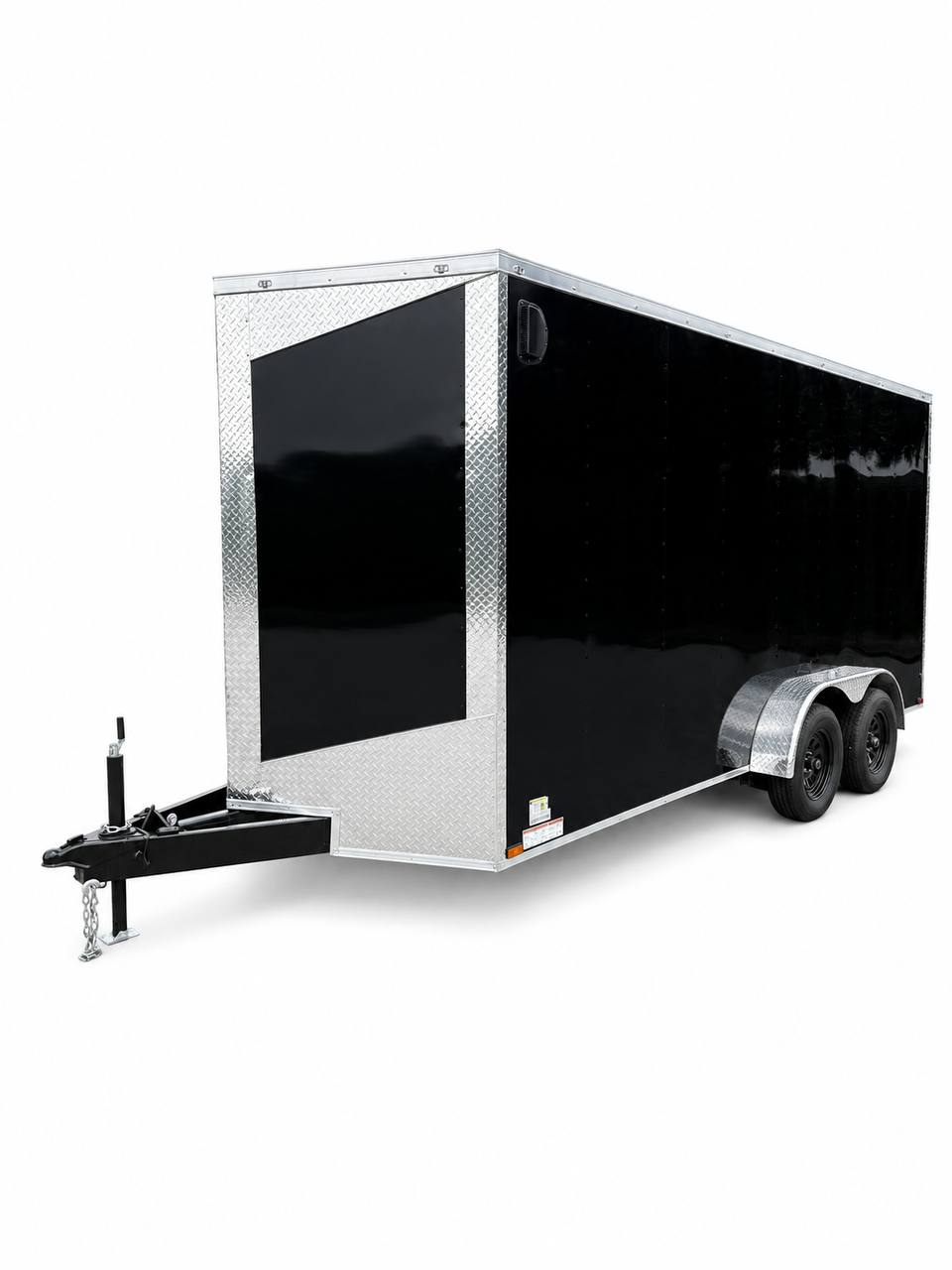 Chrome trim enclosed trailer side and V-nose view